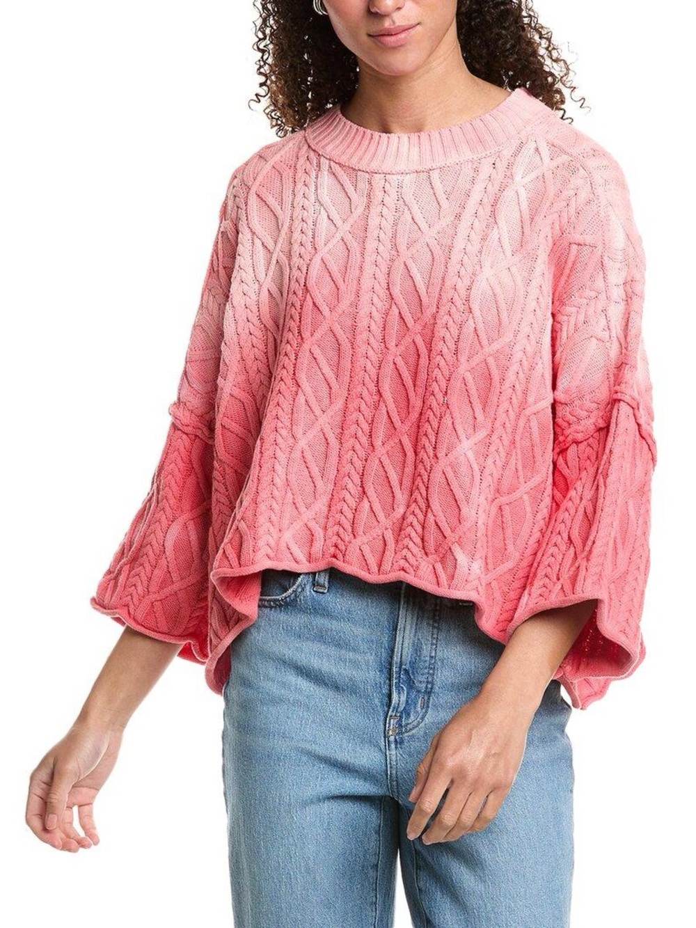 Free People Pink Ombré Cable Knit Crew Sweater